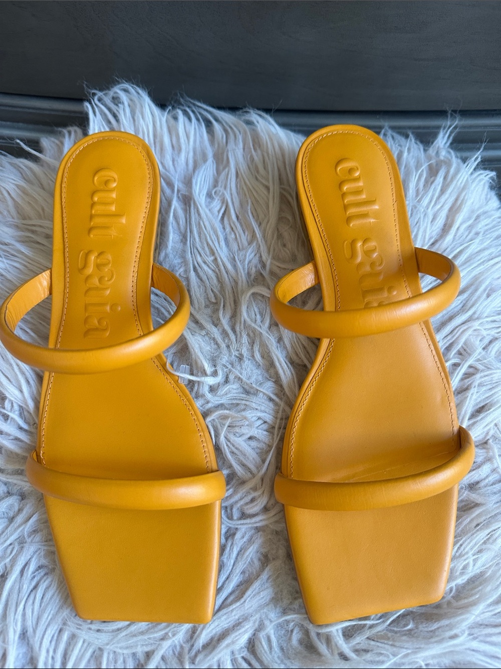 cult gaia Yellow Double-Strap Square Toe Slide Sandals